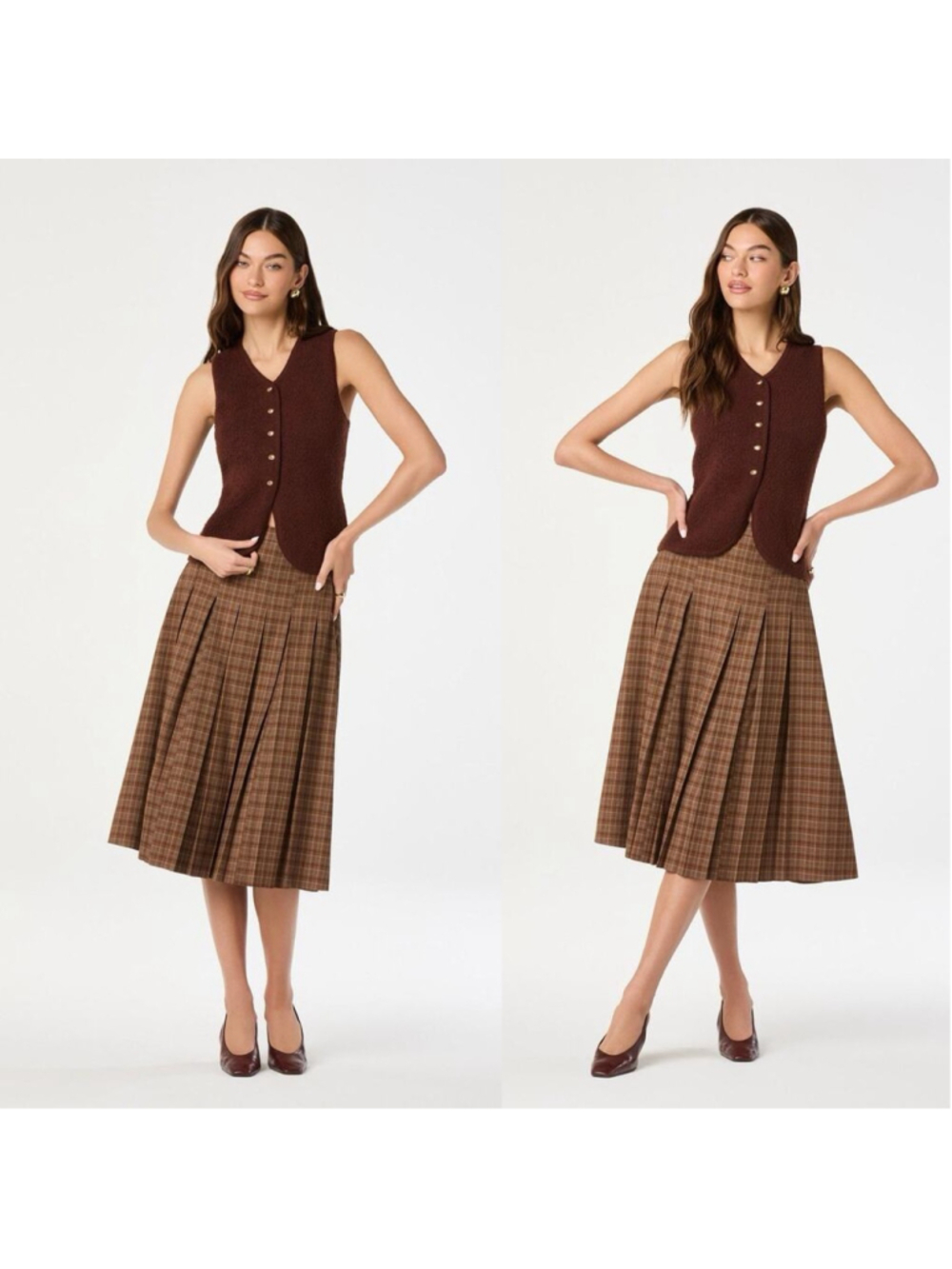 ASTR The Label Pleated Preppy Academia Skirt Brown Black Plaid Quiet Luxury L
